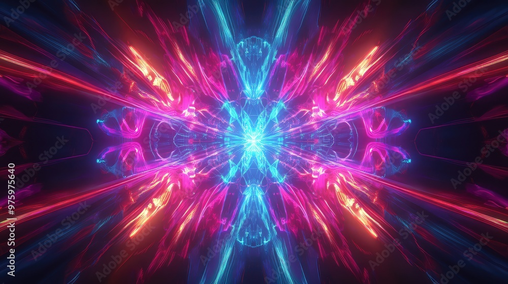 Poster symmetrical fractal design pulsating with energy in bright neon colors.