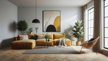 A modern, spacious living room with minimalist decor, a stylish mustard yellow sectional sofa set, floor-to-ceiling windows allowing natural light, potted plants adding freshness, a sleek black hangin