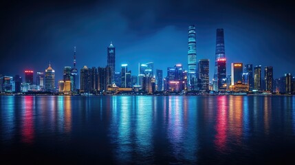 Fototapeta premium Night view of a bustling urban skyline with skyscrapers lit up, and a river reflecting the vibrant city lights