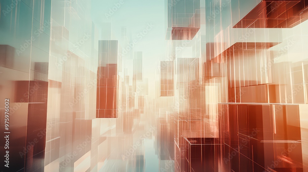 Poster translucent, stacked layers of cubes creating depth in a futuristic digital landscape.