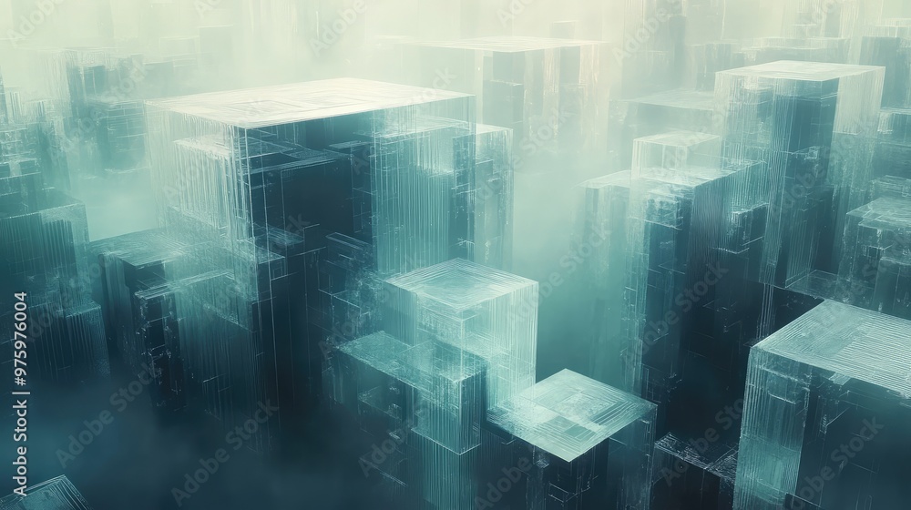 Poster translucent, stacked layers of cubes creating depth in a futuristic digital landscape.