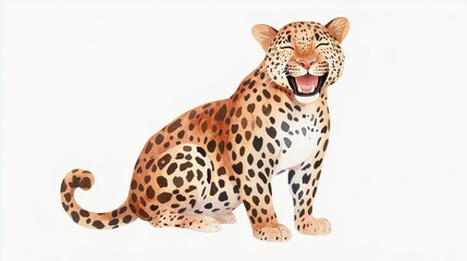 Naklejka premium Illustration of a cheerful leopard sitting on a white background, showcasing its distinctive spots. Ideal for educational and decorative uses.