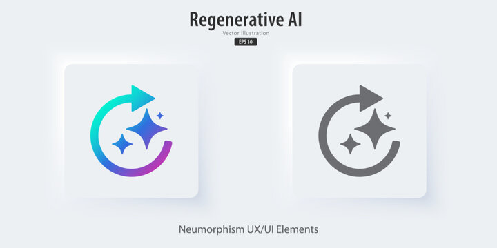 Regenerate AI icon, 3D buttons with icon symbols. Revise and edit work. Enter command text to generate ideas, Neumorphism style, UI UX design for app and web, Vector illustration.