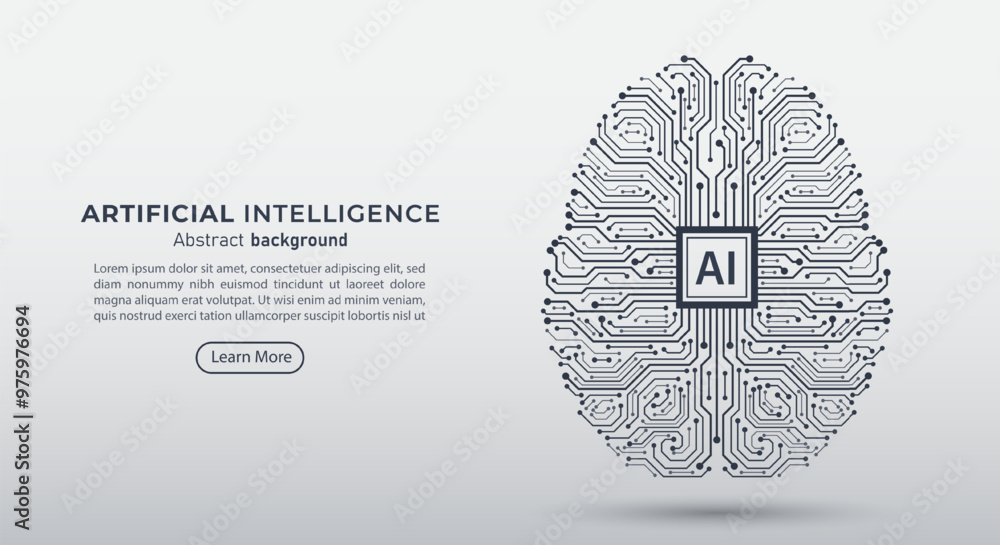 Poster Digital brain circuit board with AI chip processor. Business idea and innovation. Artificial intelligence and innovation technology concept. AI microchip or semiconductor. Vector illustration.