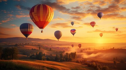 Fototapeta premium Sunrise over a hot air balloon festival, with colorful balloons rising against a warm, golden sky and rolling hills below