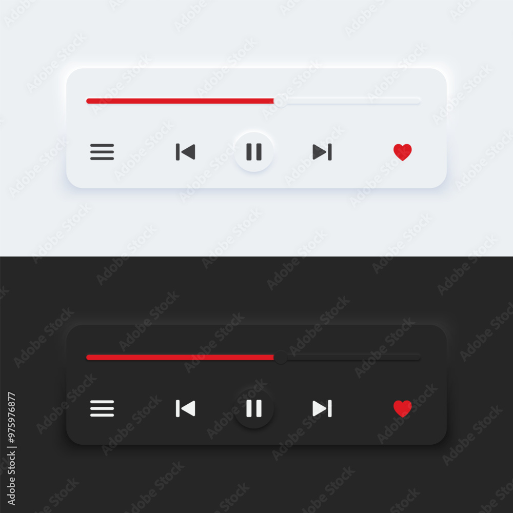 Poster Media music player interface bar dark and day mode. Audio player bar for songs or podcast playlists. Neumorphism style, UI UX design for app and web, Vector illustration.