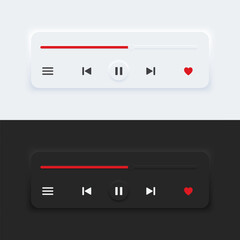 Media music player interface bar dark and day mode. Audio player bar for songs or podcast playlists. Neumorphism style, UI UX design for app and web, Vector illustration.