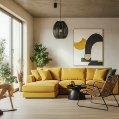 A modern, spacious living room with minimalist decor, a stylish mustard yellow sectional sofa set, floor-to-ceiling windows allowing natural light, potted plants adding freshness, a sleek black hangin