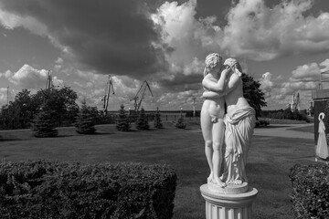 Sculptures of Vyborg Park. Black and white photo