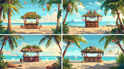 Tiki beach tavern cartoon vector visuals. Wooden hut palm snacks drinks cocktails sand seaside native masks bar tropical summer coast shoreline vacation concepts