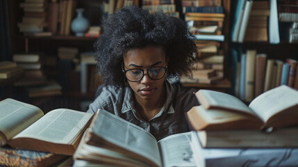 A researcher sitting at a desk filled with open books, cross-referencing multiple texts, their expression focused and thoughtful.