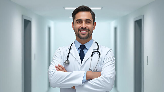 Portrait of friendly male doctor in workwear with stethoscope on neck posing with folded arms in clinic interior, looking and smiling at camera, copy space