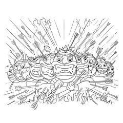 Rama killing Ravana with ten heads Happy Dussehra background showing festival, Hand Drawn Sketch Vector illustration.
