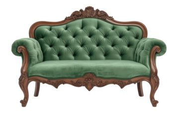 Elegant vintage green velvet sofa with ornate wooden frame, perfect for classic home decor and stylish interior design.