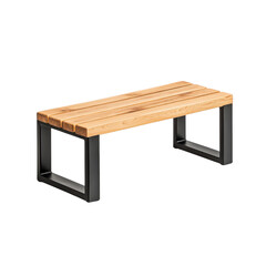Modern wooden bench with a sleek metal frame, ideal for outdoor or indoor settings, blending comfort and style seamlessly.