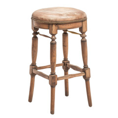 Rustic wooden stool with a plush leather seat, perfect for home decor or bar settings.