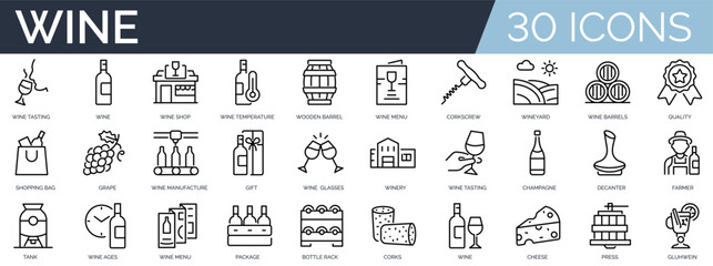 Set of 30 outline icons related to wine. Linear icon collection. Editable stroke. Vector illustration