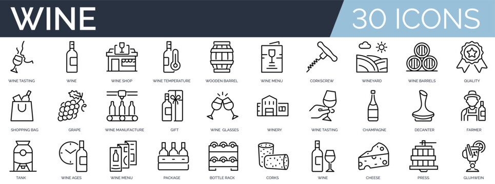 Set of 30 outline icons related to wine. Linear icon collection. Editable stroke. Vector illustration