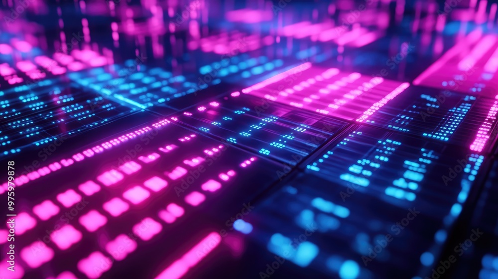 Poster abstract grid of neon squares shifting in waves, resembling sound or data patterns.