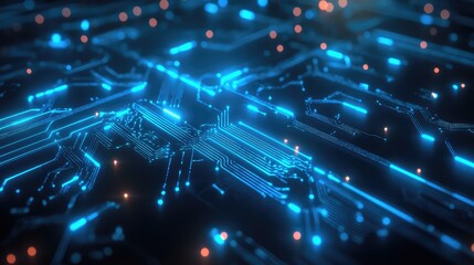 Abstract circuitry with glowing nodes and intersecting pathways in blue tones.