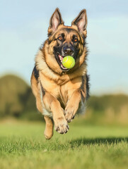 German Shepherd running and jumping with ball towards camera in the garden
