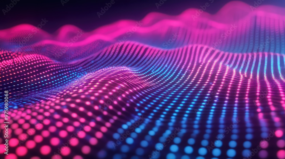 Fototapete abstract grid of neon squares shifting in waves, resembling sound or data patterns.