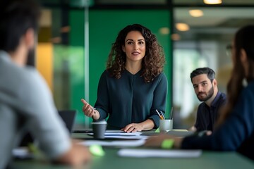 Female business woman presenting business strategy using a laptop.
