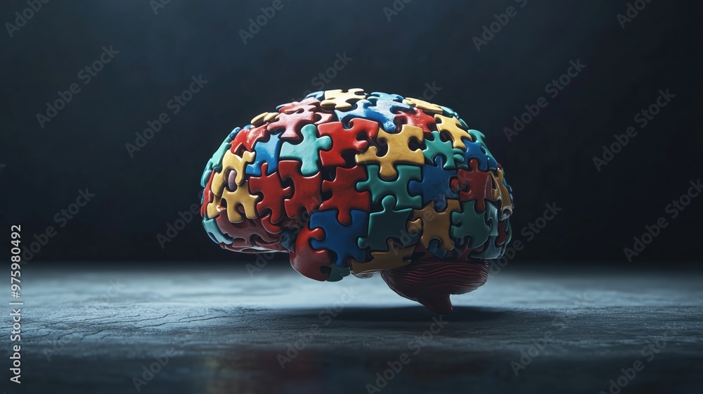 Poster a brain made of puzzle pieces. the brain is colorful and has a unique design. the puzzle pieces are 