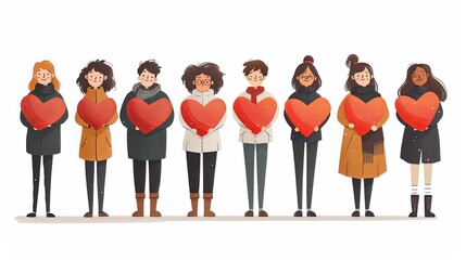 Fototapeta premium Smiling people group holding hearts. Valentine s Day. Love and volunteering vector illustration