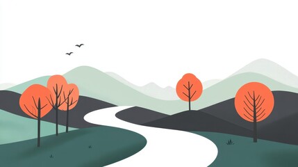 Serene Winding Path Through Rolling Hills With Orange Trees Under a Clear Sky