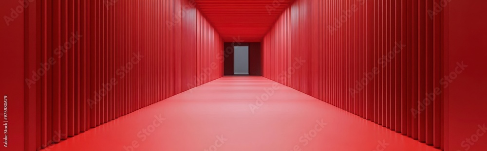 Poster monochromatic red corridor with illuminated pastel floor creating a surreal spatial experience