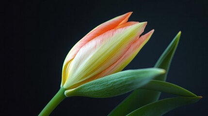Obraz premium A close-up of a tulip bud just beginning to open, showing delicate petals and soft light