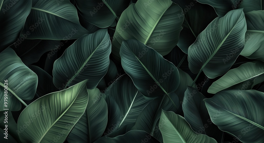 Poster a close up of green leaves with water droplets on them. the leaves are arranged in a way that create