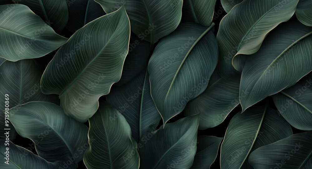 Poster a close up of green leaves with water droplets on them. the leaves are arranged in a way that create