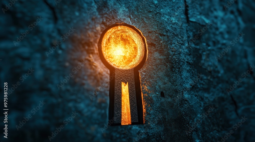 Poster a keyhole is lit up with a yellow flame. the image has a mysterious and intriguing mood, as the keyh