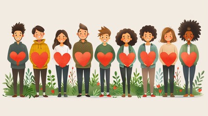 Smiling people group holding hearts. Valentine s Day. Love and volunteering vector illustration