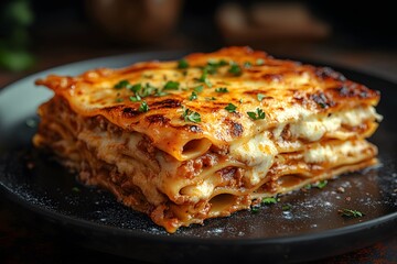 A close-up shot of a portion of lasagna on a black plate, garnished with parsley. The lasagna is made with layers of pasta, meat sauce, and cheese. It has a golden-brown crust on top.