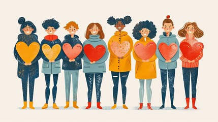 Fototapeta premium Smiling people group holding hearts. Valentine s Day. Love and volunteering vector illustration