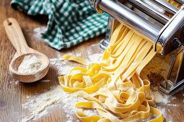 An image of a pasta machine producing fresh tagliatelle. The wooden table is dusted with flour.