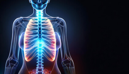 Create a detailed digital illustration of a human spine and ribcage with an overlay of geome 