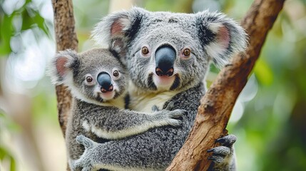 Obraz premium Koala Mother and Joey Clinging to a Tree Branch
