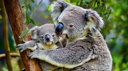 Naklejka premium A Mother Koala Protecting Her Joey in a Tree