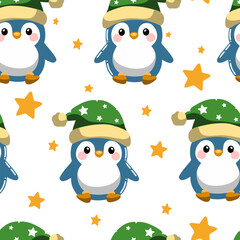 Seamless pattern of cute penguims for Christmas and New Year deecorations 