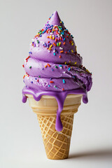 An image of a purple ice cream cone with rainbow sprinkles on top. The ice cream is melting, with some drips forming on the cone.