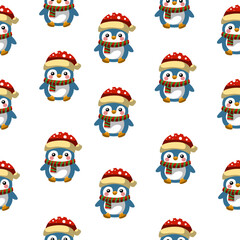Seamless pattern of cute penguims for Christmas and New Year deecorations 