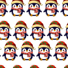 Seamless pattern of cute penguims for Christmas and New Year deecorations 