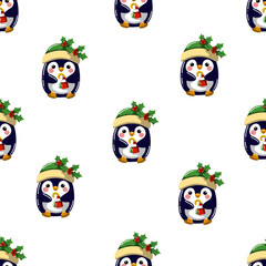 Seamless pattern of cute penguims for Christmas and New Year deecorations 