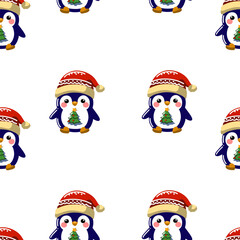 Seamless pattern of cute penguims for Christmas and New Year deecorations 