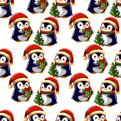 Seamless pattern of cute penguims for Christmas and New Year deecorations 