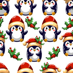Seamless pattern of cute penguims for Christmas and New Year deecorations 